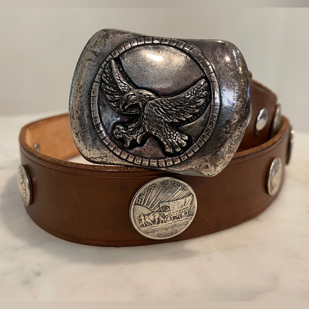 Changeable Eagle Buckle Belt with Silver Coins Handmade Brown Leather